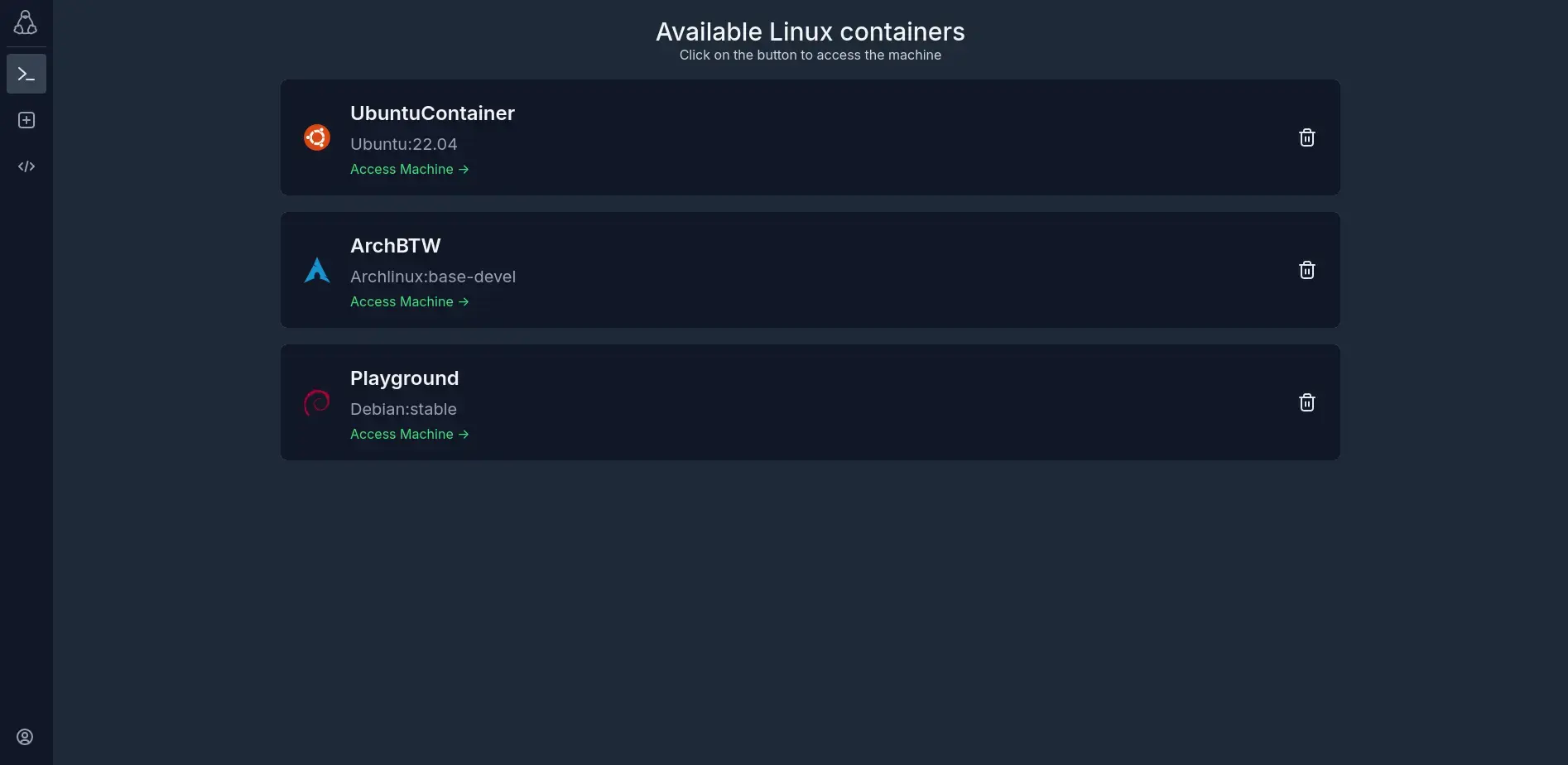 Preview of the Web Console project running container sessions.